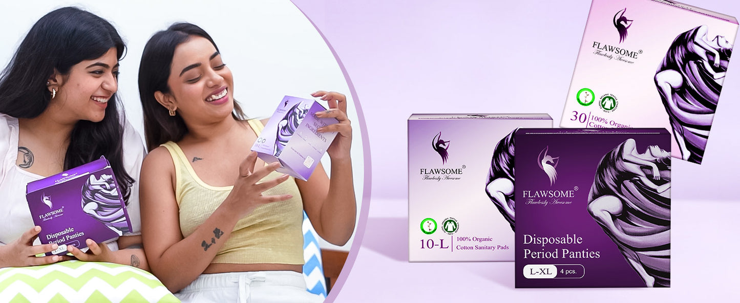 Flawsome Period Care Combo – Ultra-Soft Comfort for Sensitive Skin Pack of 30 Organic Cotton Panty Liners & 4 Disposable Period Panties (Size L) | Rash-Free & Leak-Proof Protection | 100% Chemical-Free | Dermatologically Tested