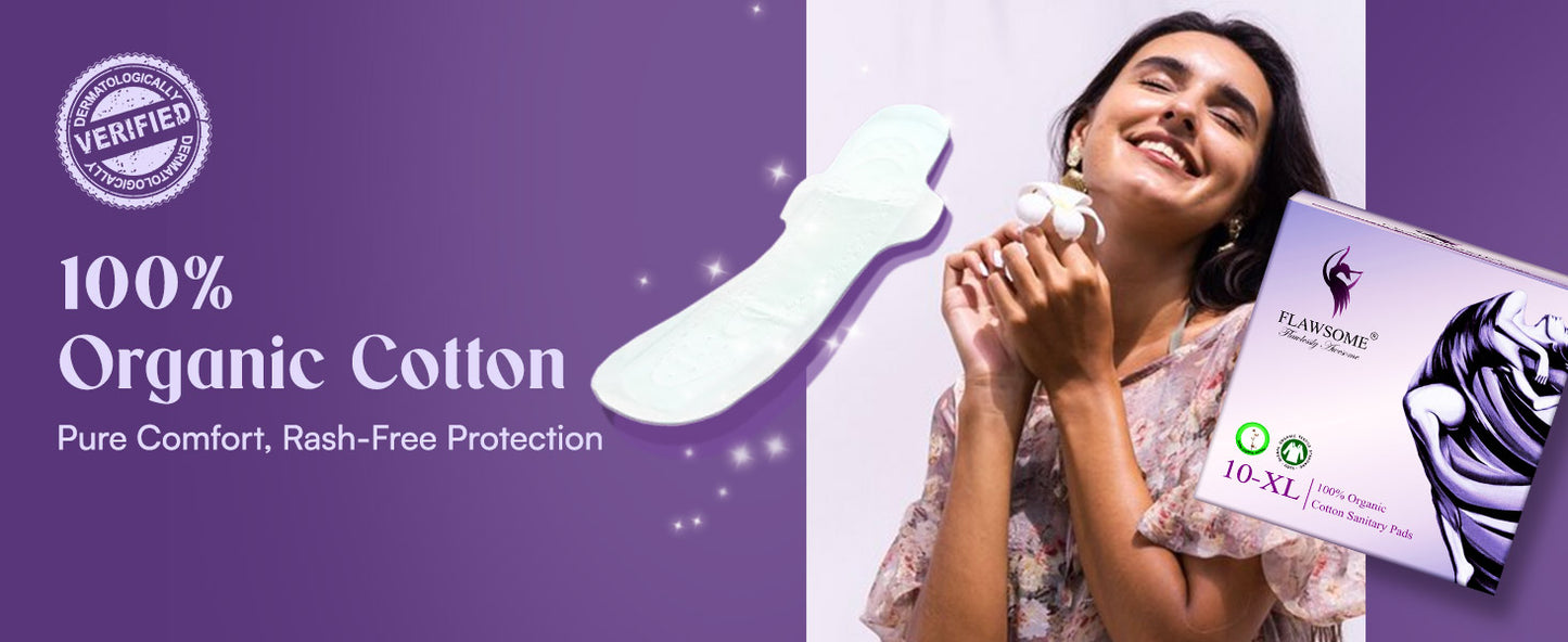 Flawsome Sensitive Sanitary Pads - Pack of 40 Pads (XXL) - Certified 100% Rash-Free by Gynecologist - Natural Plant Top Sheet - No Fragrance, No Chlorine - With Disposal Bags