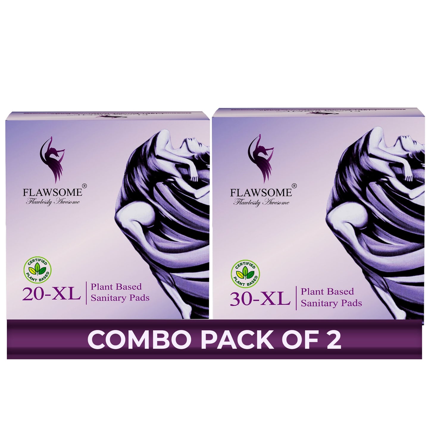 Flawsome Sensitive Sanitary Pads - Pack of 50 Pads (XL) Set Of 2 - Certified 100% Rash-Free by Gynecologist - Natural Plant Top Sheet - No Fragrance, No Chlorine - With Disposal Bags