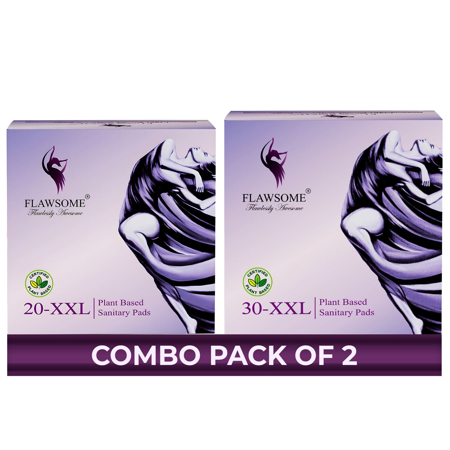 Flawsome Sensitive Sanitary Pads - Pack of 60 Pads (XXL) Set Of 2 - Certified 100% Rash-Free by Gynecologist - Natural Plant Top Sheet - No Fragrance, No Chlorine - With Disposal Bags.