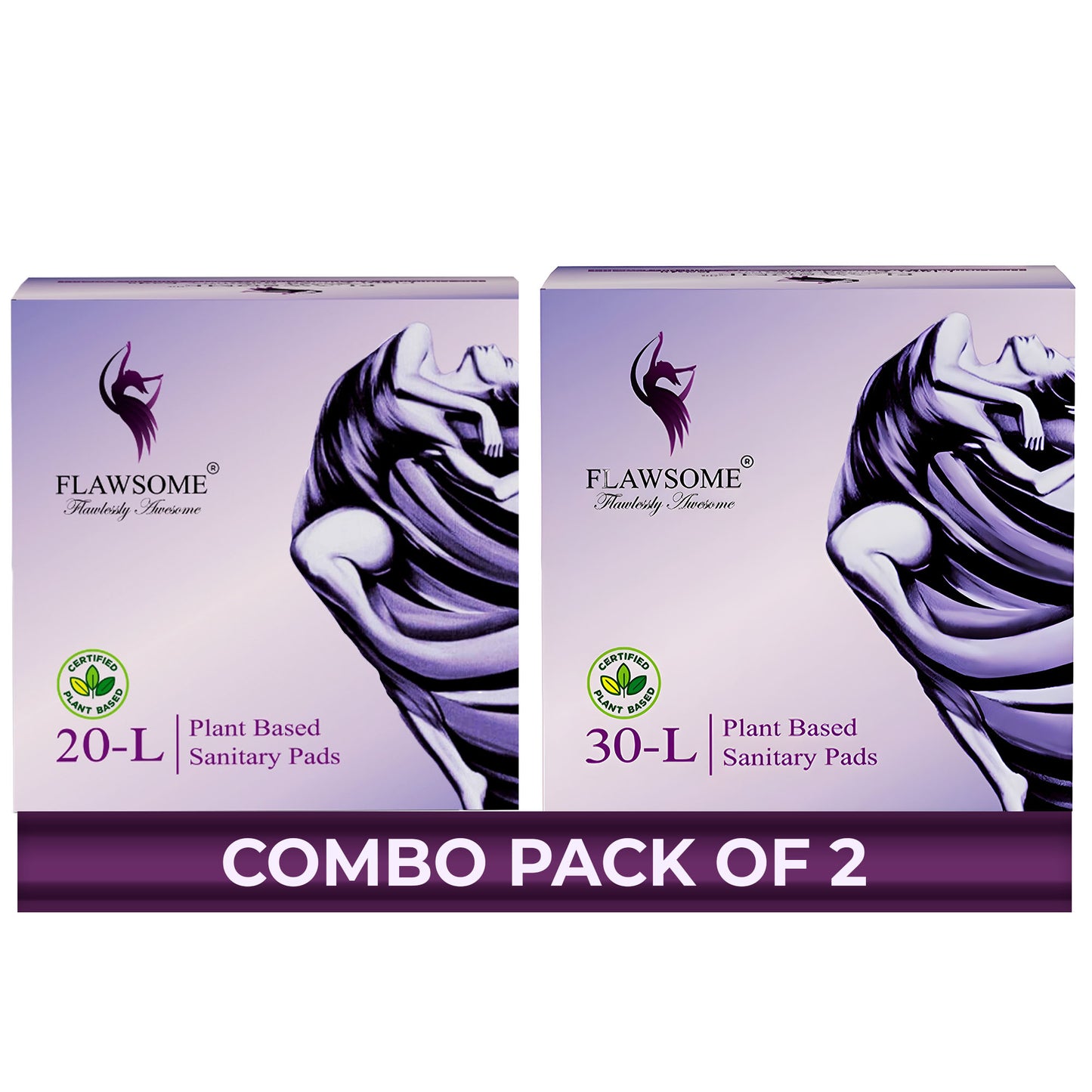 Flawsome Sensitive Sanitary Pads - Pack of 50 Pads (Large) Set Of 2 - Certified 100% Rash-Free by Gynecologist - Natural Plant Top Sheet - No Fragrance, No Chlorine - With Disposal Bags