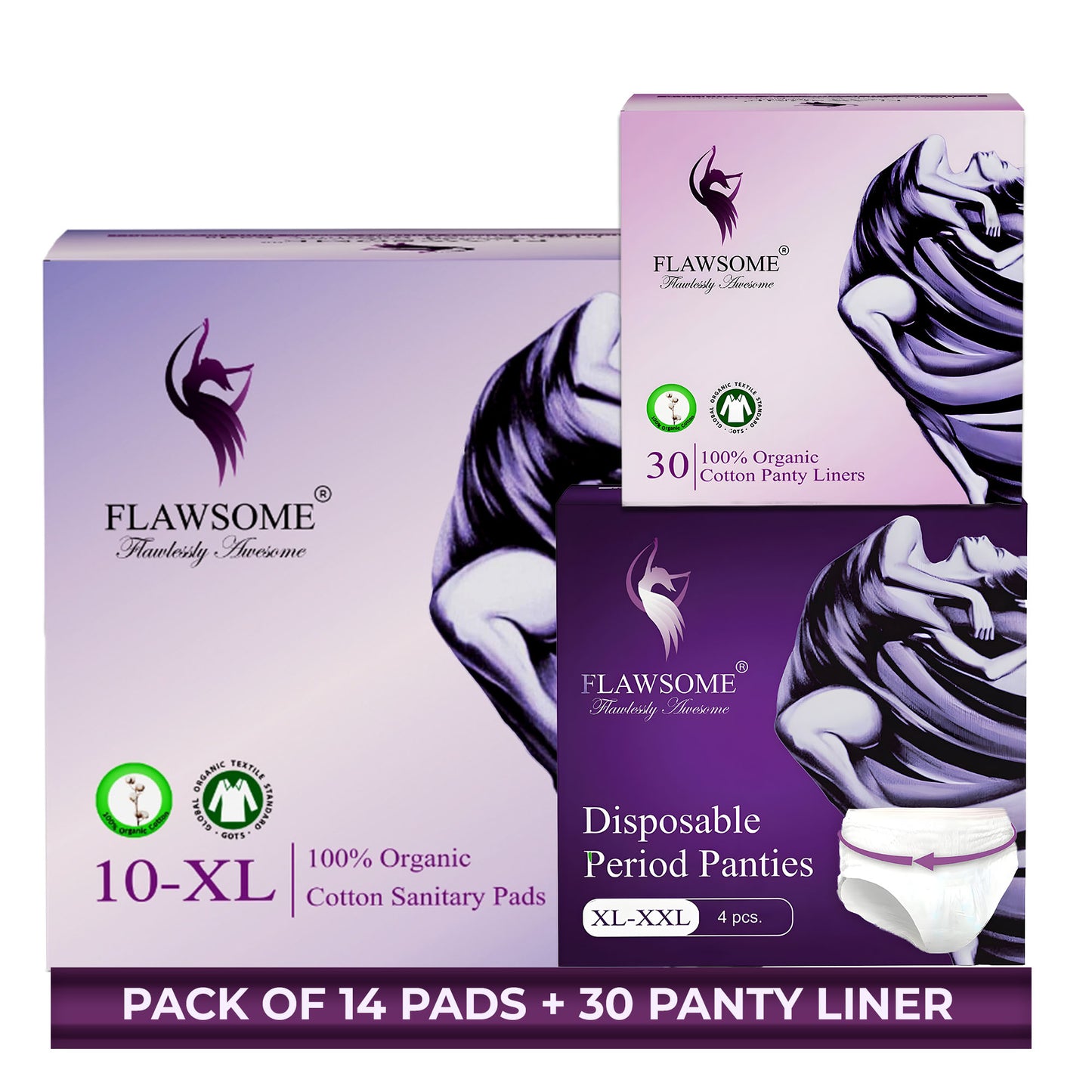 Flawsome Period Combo for Women | XL Cotton Sanitary Pads (Pack of 10) + Cotton Panty Liners (Pack of 30) + Disposable Period Panties Size XL (Pack of 4) | Ultra-Thin, Rash-Free, Toxin-Free, Leak-Proof | With Disposal Cover | For Sensitive Skin