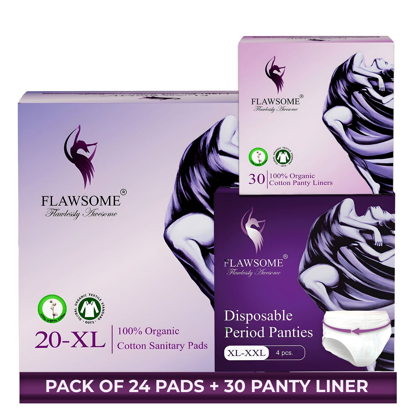 Flawsome Period Combo for Women | XL Cotton Sanitary Pads (Pack of 20) + Cotton Panty Liners (Pack of 30) + Disposable Period Panties Size XL (Pack of 4) | Ultra-Thin, Rash-Free, Toxin-Free, Leak-Proof | With Disposal Cover | For Sensitive Skin