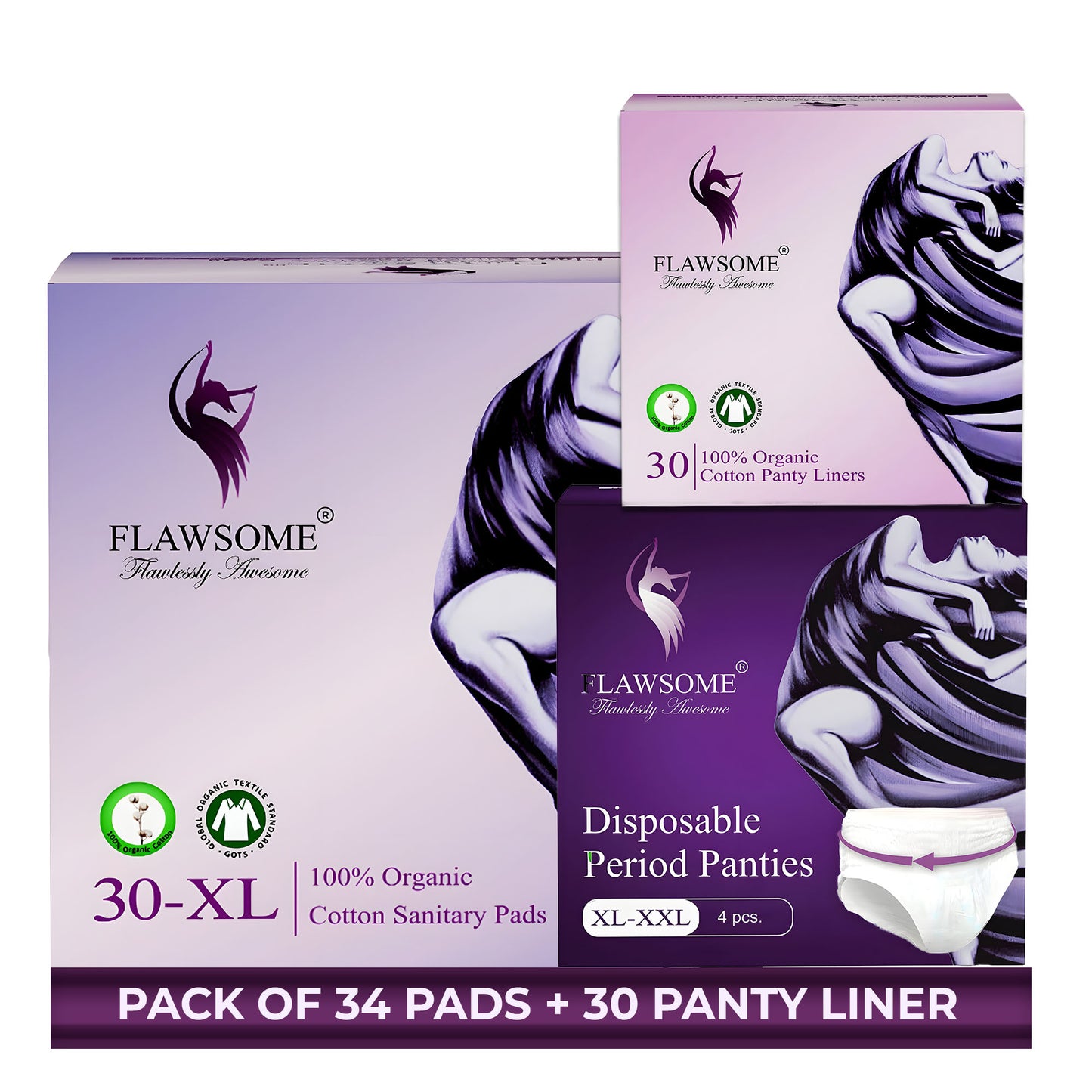 Flawsome Period Combo for Women | XL Cotton Sanitary Pads (Pack of 30) + Cotton Panty Liners (Pack of 30) + Disposable Period Panties Size XL (Pack of 4) | Ultra-Thin, Rash-Free, Toxin-Free, Leak-Proof | With Disposal Cover | For Sensitive Skin