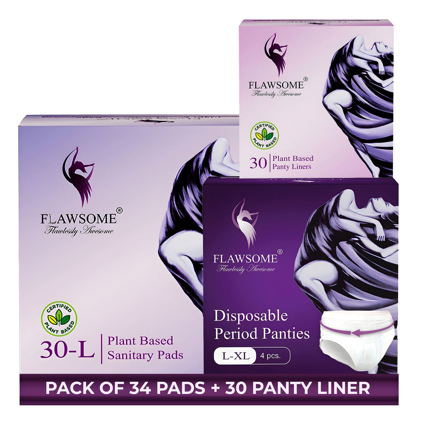 Flawsome Period Combo for Women | L Plant-Based Sanitary Pads (Pack of 30) + Plant-Based Panty Liners (Pack of 30) + Disposable Period Panties Size L (Pack of 4) | Ultra-Thin, Rash-Free, Toxin-Free, Leak-Proof | With Disposal Cover | For Sensitive Skin