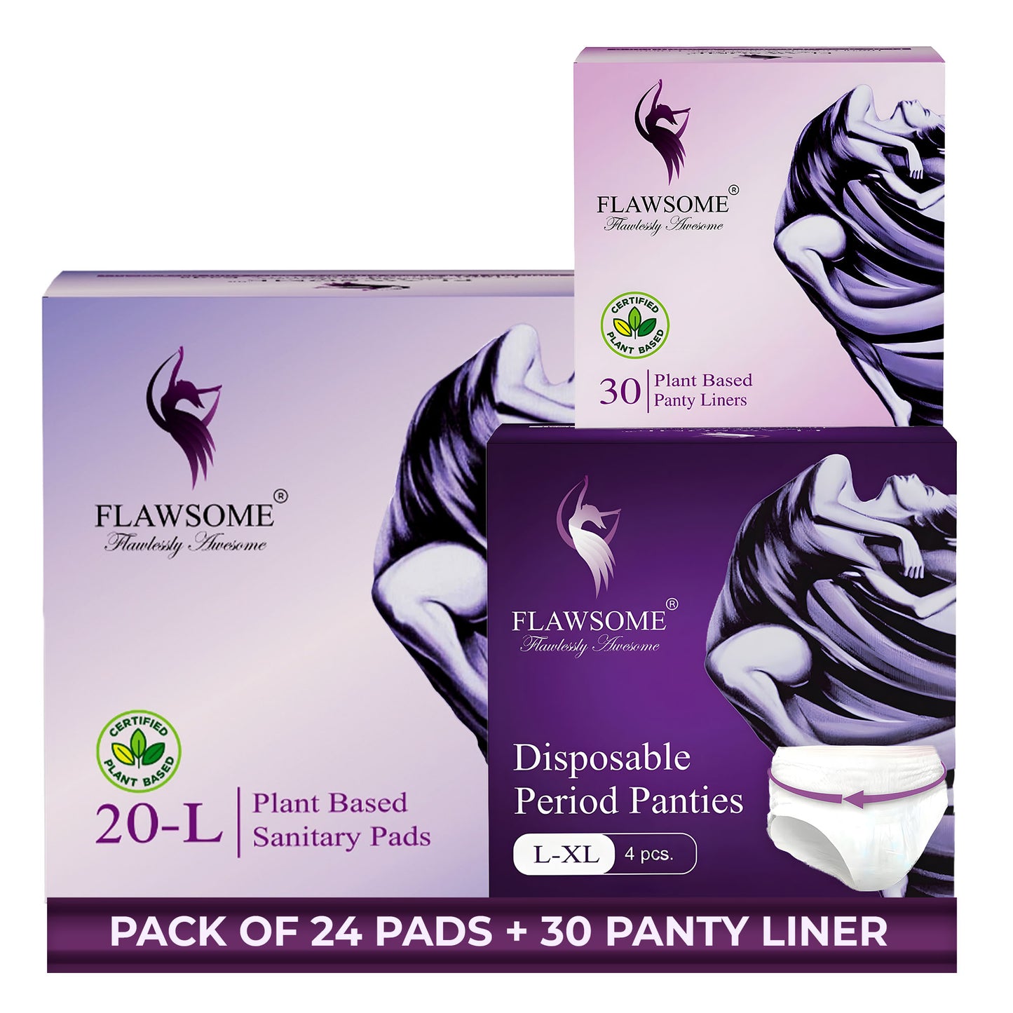 Flawsome Period Combo for Women | L Plant-Based Sanitary Pads (Pack of 20) + Plant-Based Panty Liners (Pack of 30) + Disposable Period Panties Size L (Pack of 4) | Ultra-Thin, Rash-Free, Toxin-Free, Leak-Proof | With Disposal Cover | For Sensitive Skin