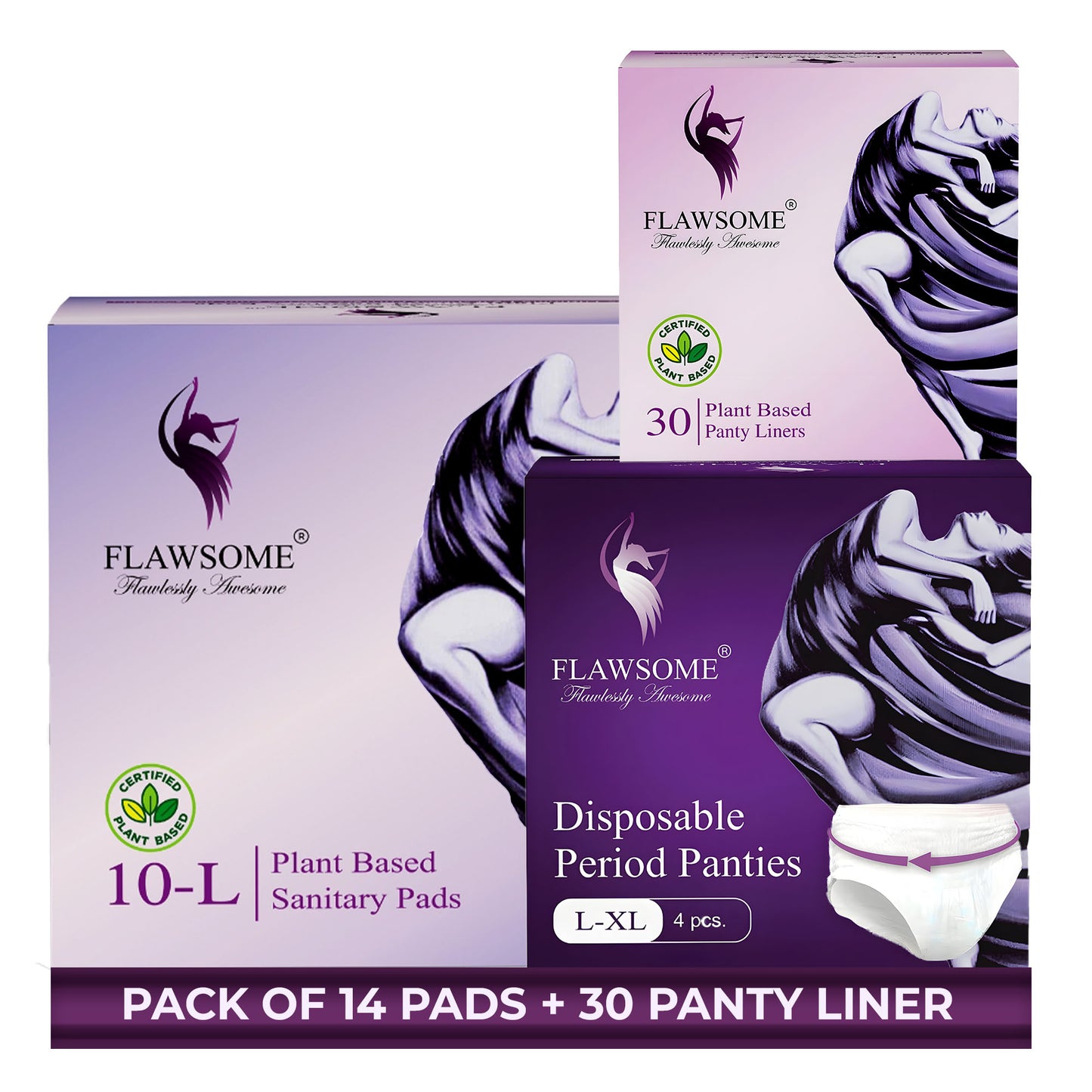 Flawsome Period Combo for Women | L Plant-Based Sanitary Pads (Pack of 10) + Plant-Based Panty Liners (Pack of 30) + Disposable Period Panties Size L (Pack of 4) | Ultra-Thin, Rash-Free, Toxin-Free, Leak-Proof | With Disposal Cover | For Sensitive Skin