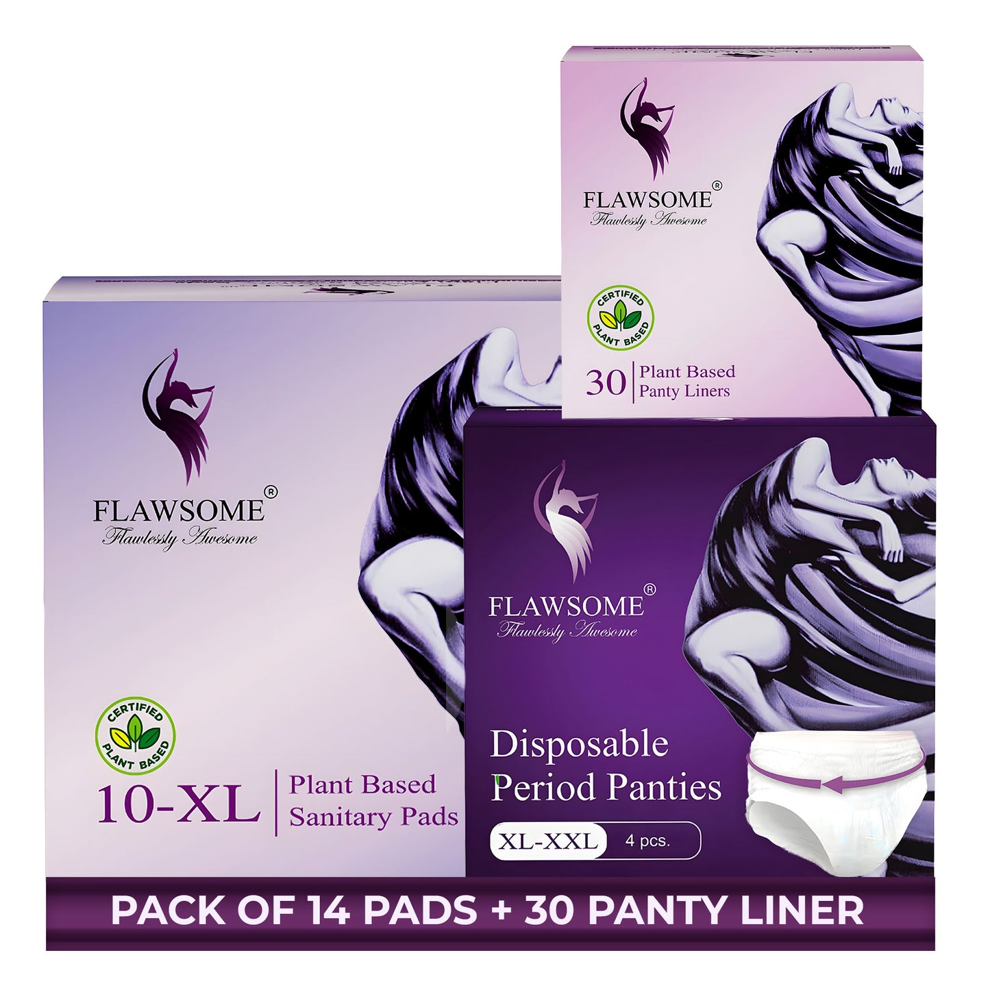 Flawsome Period Combo for Women | XL Plant-Based Sanitary Pads (Pack of 10) + Plant-Based Panty Liners (Pack of 30) + Disposable Period Panties Size XL (Pack of 4) | Ultra-Thin, Rash-Free, Toxin-Free, Leak-Proof | With Disposal Cover | For Sensitive Skin