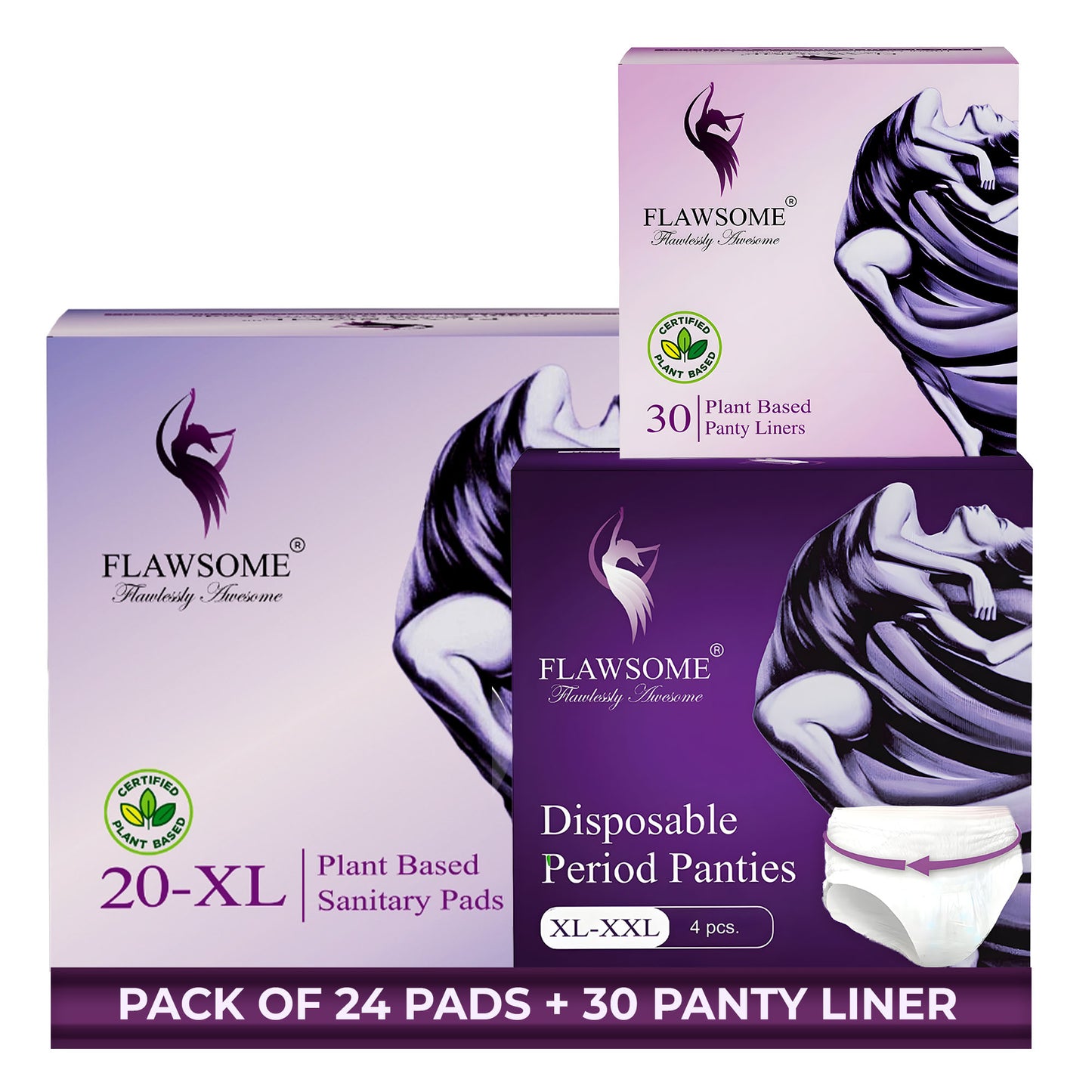 Flawsome Period Combo for Women | XL Plant-Based Sanitary Pads (Pack of 20) + Plant-Based Panty Liners (Pack of 30) + Disposable Period Panties Size XL (Pack of 4) | Ultra-Thin, Rash-Free, Toxin-Free, Leak-Proof | With Disposal Cover | For Sensitive Skin