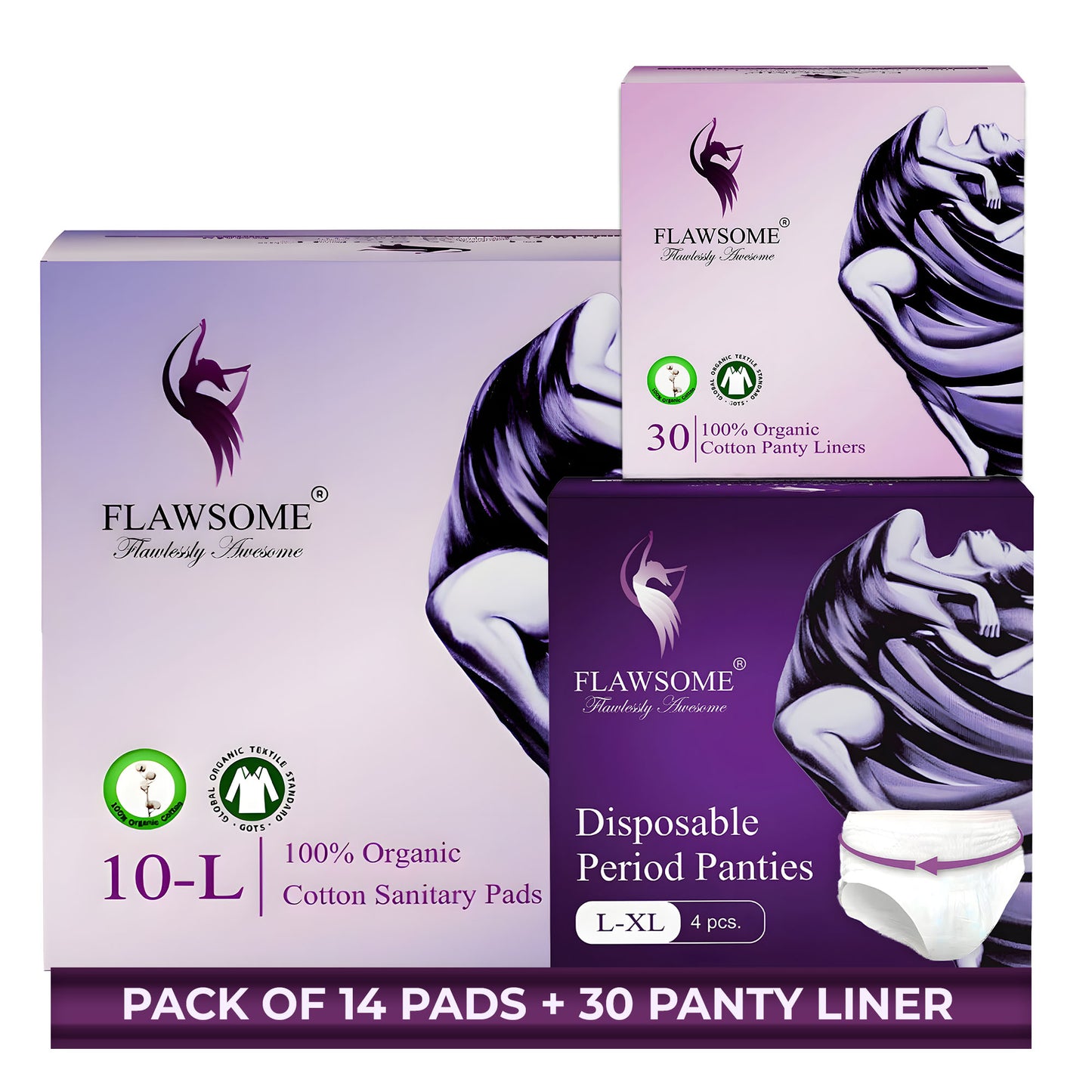 Flawsome Period Combo for Women | L Cotton Sanitary Pads (10) + Panty Liners (30) + Period Panties Size L (4) | Ultra-Thin, Leak-Proof, Rash-Free & Toxin-Free | For Sensitive Skin | Wider Back | Soft & Eco-Friendly | With Disposal Cover
