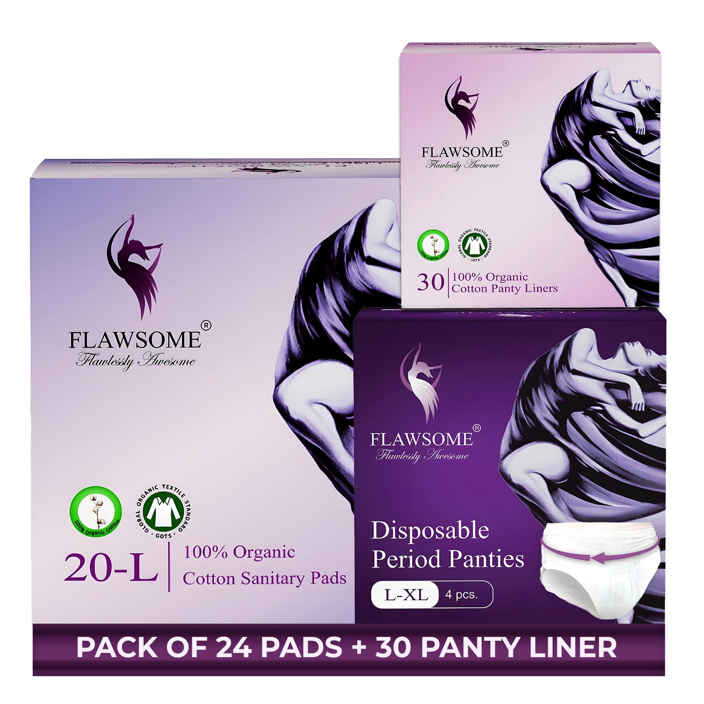 Flawsome Period Combo for Women | L Cotton Sanitary Pads (Pack of 20) + Cotton Panty Liners (Pack of 30) + Disposable Period Panties Size L (Pack of 4) | Ultra-Thin, Rash-Free, Toxin-Free, Leak-Proof | With Disposal Cover | For Sensitive Skin