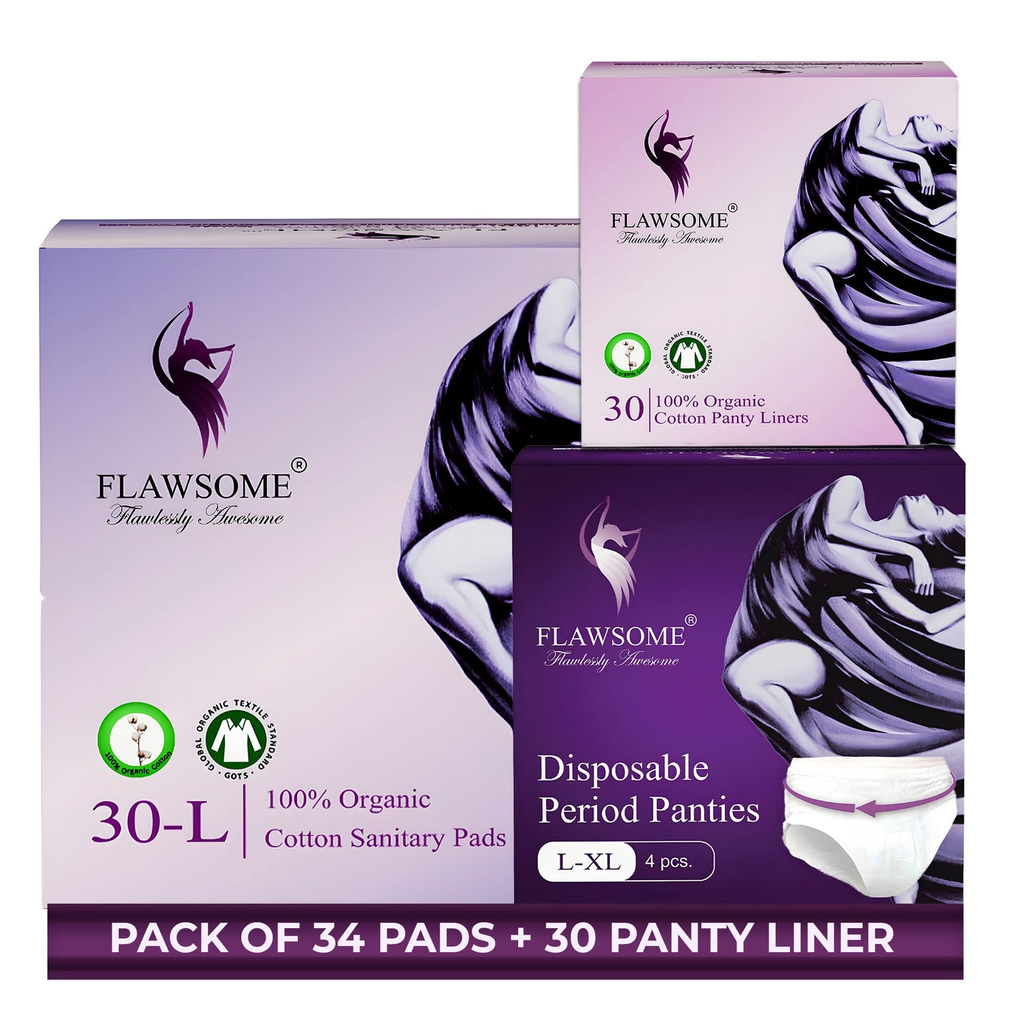 Flawsome Period Combo for Women | L Cotton Sanitary Pads (Pack of 30) + Cotton Panty Liners (Pack of 30) + Disposable Period Panties Size L (Pack of 4) | Ultra-Thin, Rash-Free, Toxin-Free, Leak-Proof | With Disposal Cover | For Sensitive Skin