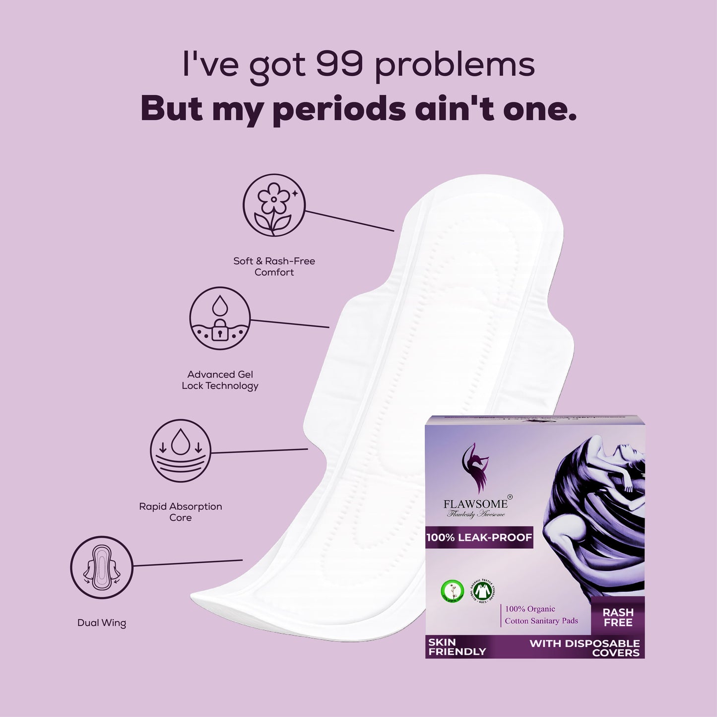 Chemical Free Safe Sanitary Pads (L, Pack of 10) – Rash Free, Gynecologist Certified, Ultra Soft