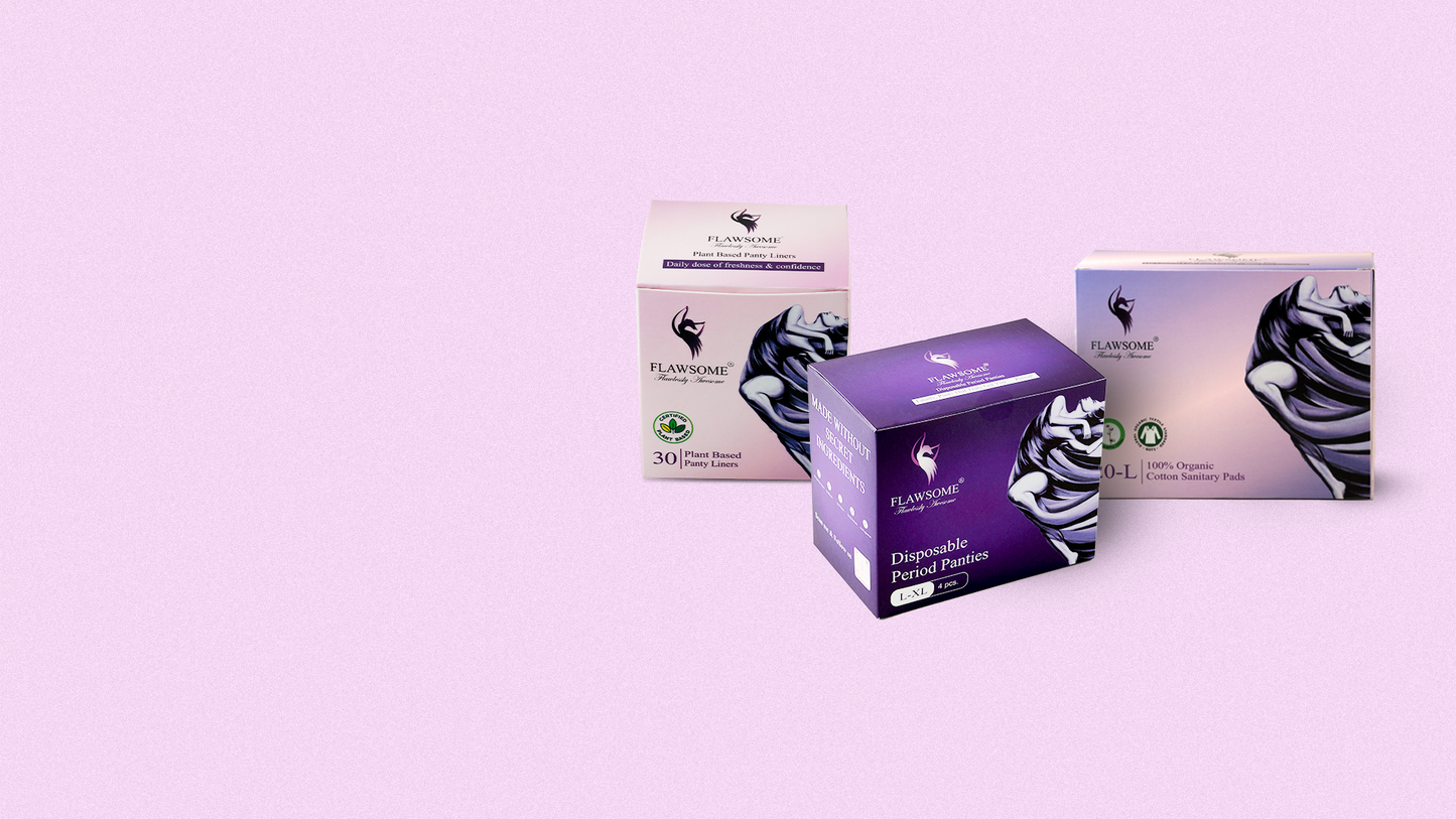 Flawsome Period Combo for Women | L Cotton Sanitary Pads (Pack of 30) + Cotton Panty Liners (Pack of 30) + Disposable Period Panties Size L (Pack of 4) | Ultra-Thin, Rash-Free, Toxin-Free, Leak-Proof | With Disposal Cover | For Sensitive Skin