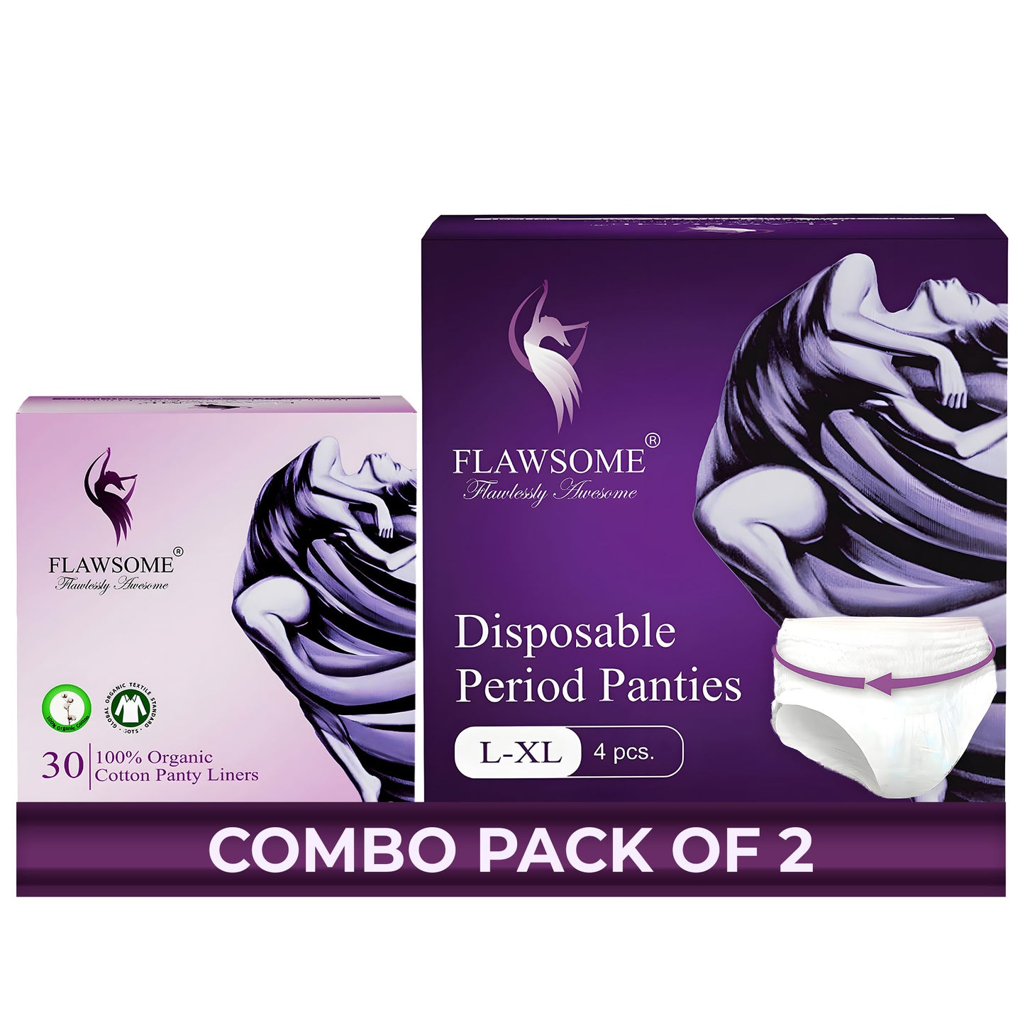 Flawsome Period Care Combo – Ultra-Soft Comfort for Sensitive Skin Pack of 30 Organic Cotton Panty Liners & 4 Disposable Period Panties (Size L) | Rash-Free & Leak-Proof Protection | 100% Chemical-Free | Dermatologically Tested