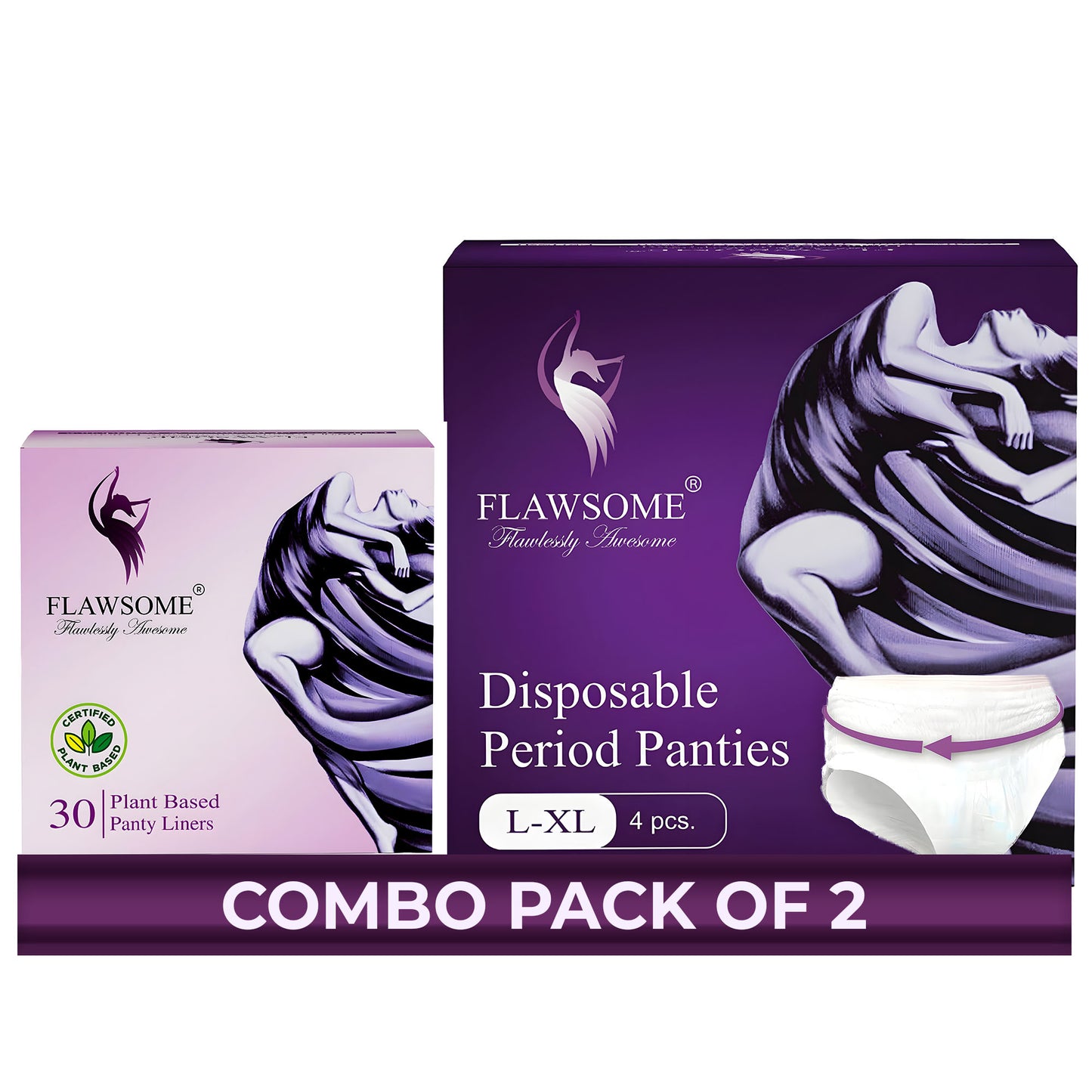 Flawsome Period Pants Full 360-Degree Protection for Heavy Flow | Leak-Proof, Rash-Free, Comfortable | Ideal for Maternity | Overnight Assurance | Highly Absorbent Core | Pack of 4 (L + Liner)