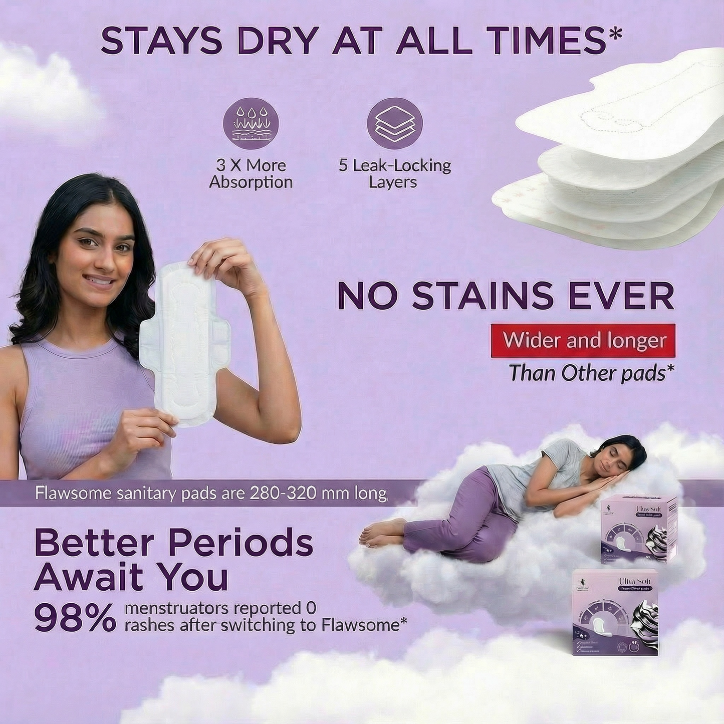 Chemical Free Safe Sanitary Pads (L, Pack of 10) – Rash Free, Gynecologist Certified, Ultra Soft