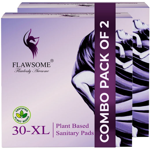 Flawsome Sensitive Sanitary Pads - Pack of 60 Pads (XL) Set Of 2 - Certified 100% Rash-Free by Gynecologist - Natural Plant Top Sheet - No Fragrance, No Chlorine - With Disposal Bags.