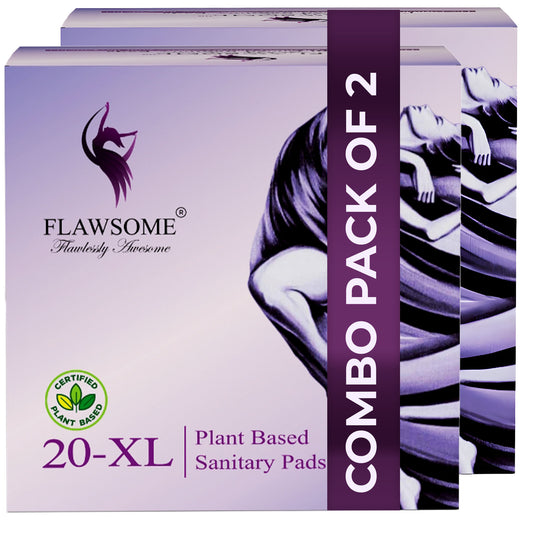 Flawsome Sensitive Sanitary Pads - Pack of 40 Pads (XL) - Certified 100% Rash-Free by Gynecologist - Natural Plant Top Sheet - No Fragrance, No Chlorine - With Disposal Bags