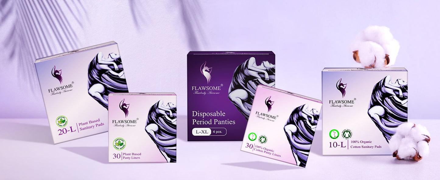 Flawsome Sensitive Sanitary Pads - Pack of 50 Pads (XL) Set Of 2 - Certified 100% Rash-Free by Gynecologist - Natural Plant Top Sheet - No Fragrance, No Chlorine - With Disposal Bags